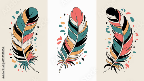 Vibrant feather illustrations with colorful stripes and abstract backgrounds perfect for cultural and artistic designs