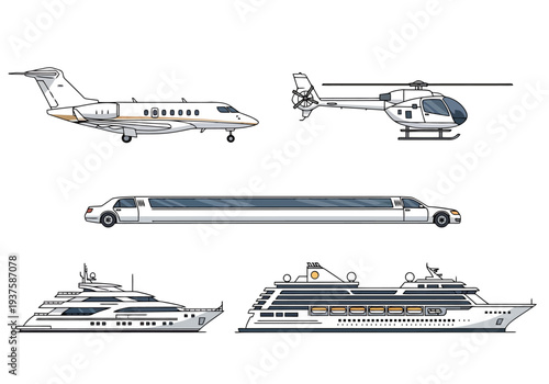 Luxury transportation assortment including private jet helicopter limousine yacht and cruise ship isolated on white background for travel and
