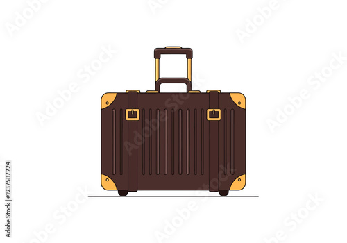 Brown rolling travel case with gold accents and pull handle for journeys and expeditions on white background