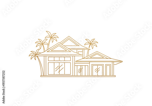 Luxury Tropical Residence With Palm Trees Line Art Design Architectural Building Exterior Estate Home Structure Tropical Island Dwelling