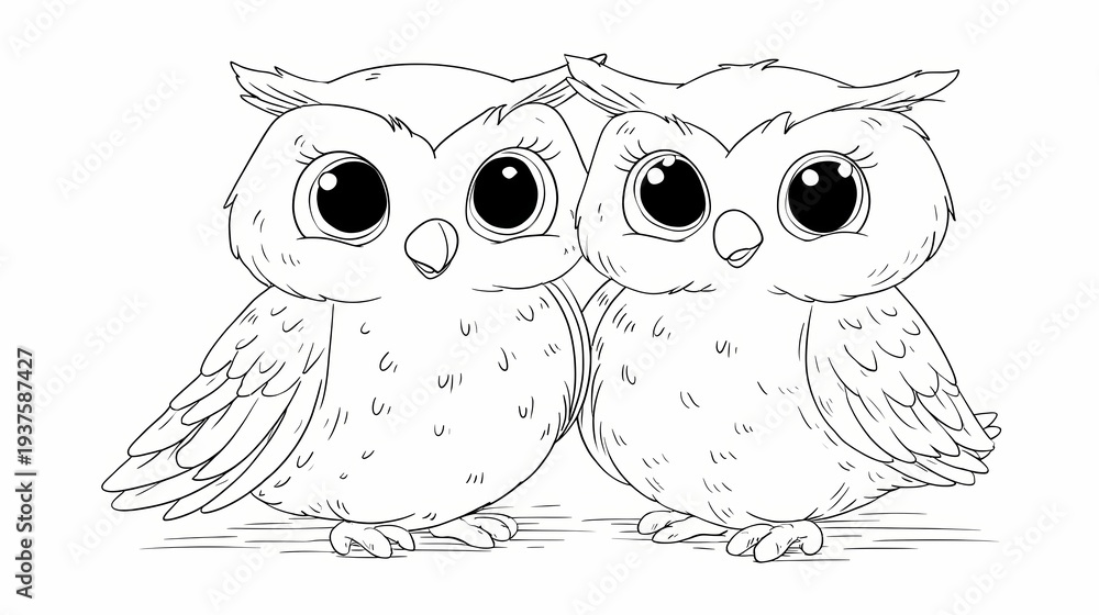 Fototapeta premium Cute Hand-Drawn Sketch of Two Adorable Baby Owls Sitting Together.