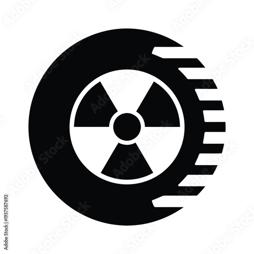 Black and white icon depicting a tire with a radiation symbol inside
