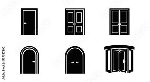 Set of black door icons: single, double, arched, and revolving doors, isolated on white
