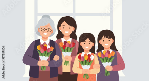 A joyful gathering of four women, three generations of a family, holding colorful bouquets of tulips, celebrating a special occasion