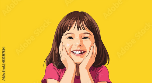 Joyful little girl with a wide smile, hands on cheeks, against a vibrant yellow background, illustrating happiness and innocence