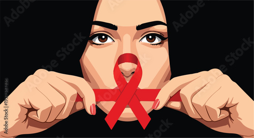 A red ribbon symbolising awareness and solidarity for World AIDS Day, held by hands to silence speech