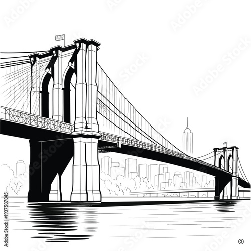 Detailed black and white illustration of the brooklyn bridge and city skyline