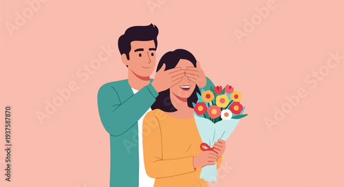 A man surprises a woman with a bouquet of flowers, covering her eyes with his hands in a gesture of affection and surprise