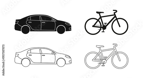 Set of car and bicycle icons, solid black and outline versions, isolated on white