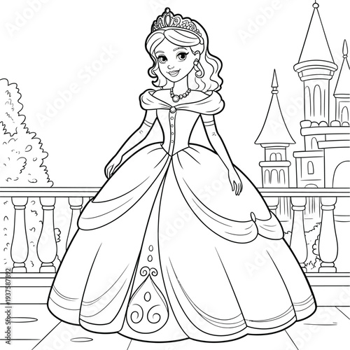 A smiling princess stands before a fairytale castle in a coloring page