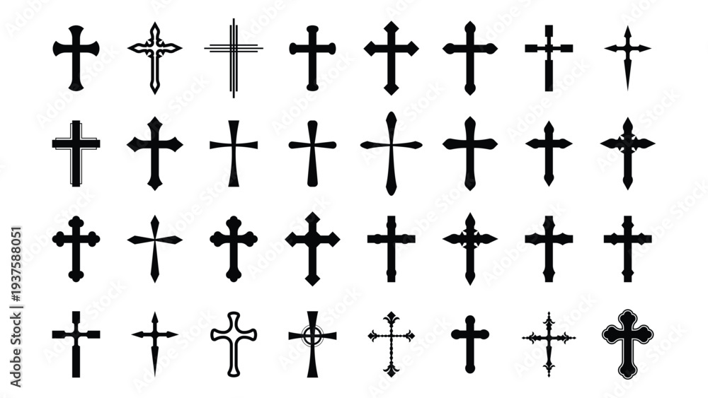 Fototapeta premium Christian Cross Icons Set Collection of Religious Cross Symbols Isolated on Transparent Background