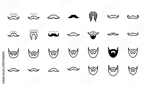 A collection of various mustache and beard vector icons in a minimalist style
