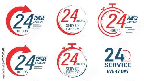 24 Hours Service Icons Set with Clock and Arrow Symbols for Customer Support and Delivery Availability