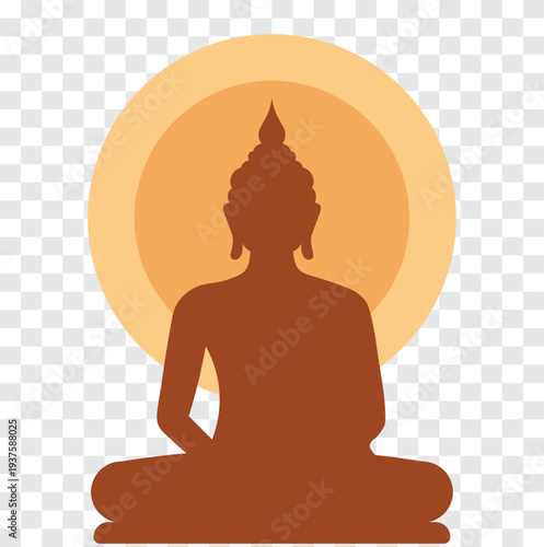 Buddha Meditation Silhouette with Golden Halo Spiritual Buddhism Symbol Isolated on Transparent Background