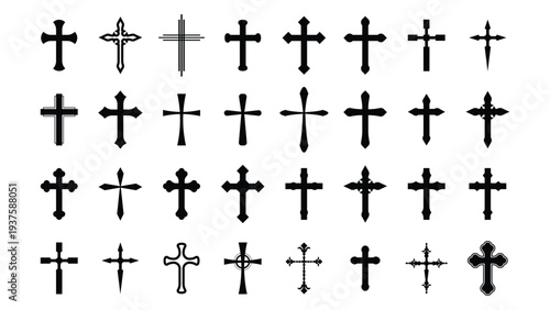 Christian Cross Icons Set Collection of Religious Cross Symbols Isolated on Transparent Background