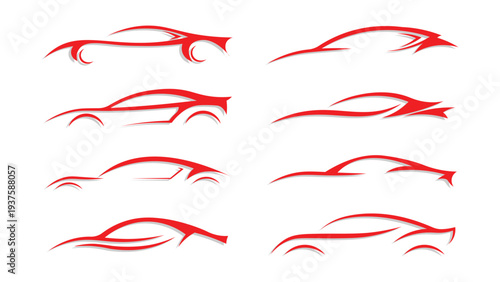 Abstract Red Car Silhouette Icons Set Modern Automotive Logo Design Collection