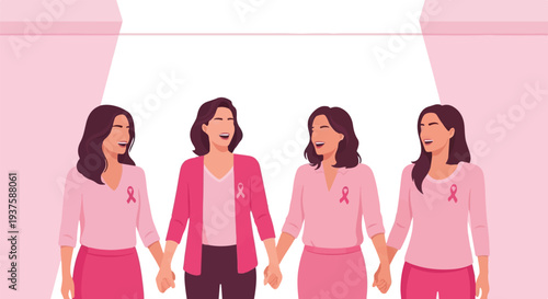 Empowered women in pink, adorned with breast cancer awareness ribbons, stand united and hold hands, symbolizing strength, support, and hope for health initiatives