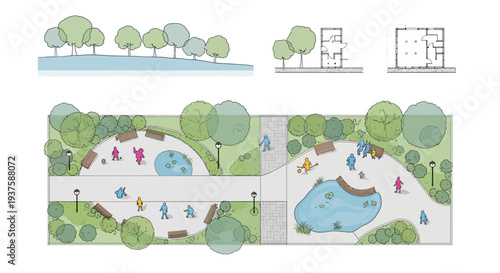 Park design with water features, play areas, and green spaces for recreation