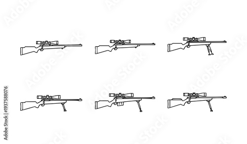 A set of six rifle icons in a minimalist line art style