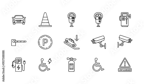 A set of line art icons depicting various parking and transportation symbols