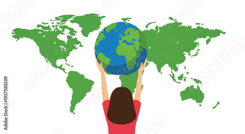 Illustration of a person holding the Earth globe with care, symbolizing global responsibility, environmental protection, and a collective commitment to sustainability against a world map background