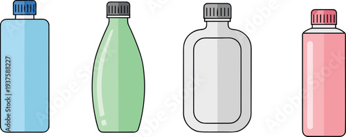 Cartoon bottles, colorful packaging, container vector, cosmetic clipart, beverage design, cleaning product icon, plastic graphic, branding motif, liquid symbol, creative art