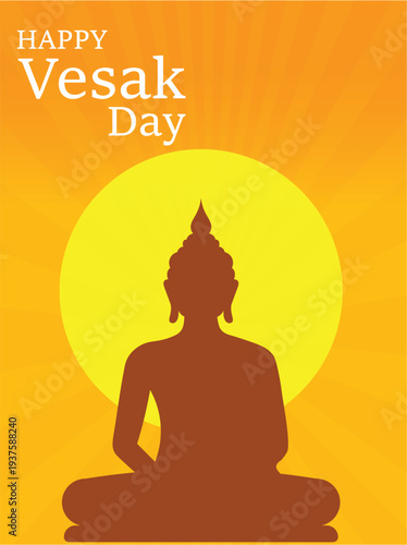 Happy Vesak Day Greeting with Buddha Silhouette and Golden Sun Buddhist Festival Illustration