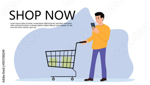 Online Shopping Concept Illustration Man with Smartphone and Shopping Cart Shop Now Banner