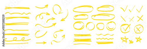 Arrow, circle, underline marker hand pen set. Arrow line marker hand drawn brush pencil sketch. Doodle check, cross, star oval round icon sign symbol texture rough. Vector illustration