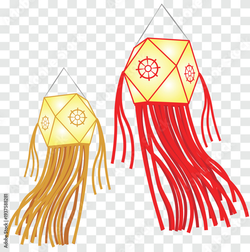 Traditional Vesak Lantern Illustration with Buddhist Dharma Wheel Hanging Lantern Decoration