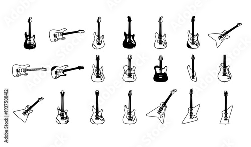 A collection of black and white guitar illustrations in various styles