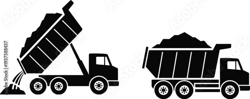 Two black silhouette dump trucks, one unloading dirt, on a white background Keywords: dump truck, vehicle, construction, hauling