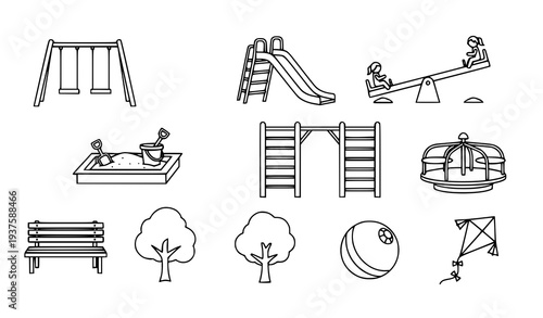 A set of minimalist line art illustrations depicting a playground with various equipment and features