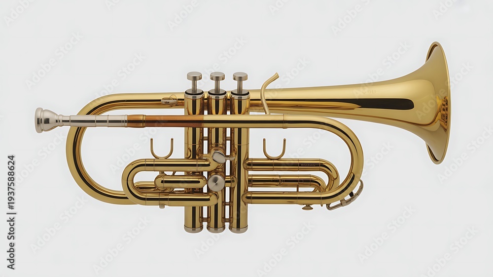 Obraz premium A shiny trumpet displayed on a white background with visible valves and a mouthpiece (4).jpg