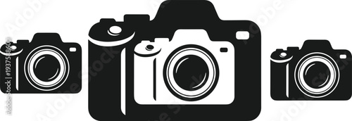 Three black silhouette camera icons of varying sizes on a white background Keywords: camera, photography, icon, silhouette