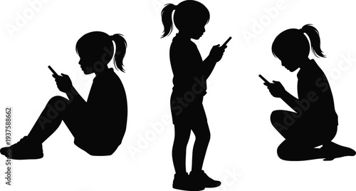 Silhouettes of three young girls using smartphones in different poses on white background Keywords: silhouette, girl, child, kid