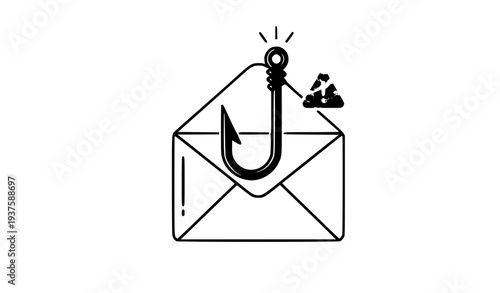 A vector graphic illustration of a fishing hook in an envelope with malware