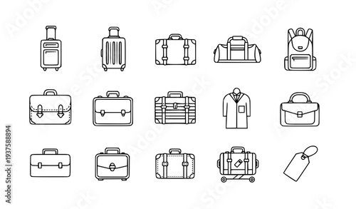 A set of minimalist line art icons depicting various travel luggage and accessories