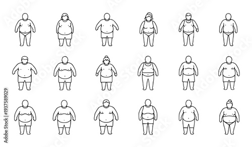 A vector graphic illustration of various obese people in different poses and outfits