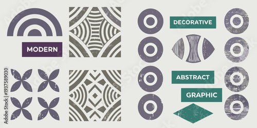 Abstract geometric patterns and text arranged in a grid layout