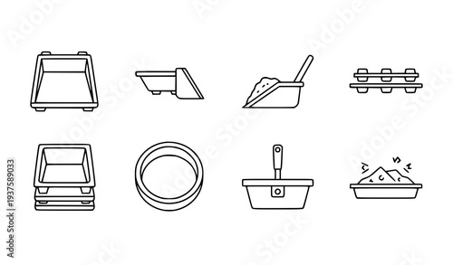 A set of construction tools and equipment in a minimalist line art style