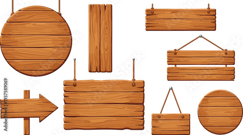 Wooden Signboard Collection with Hanging Rustic Wood Signs Arrow Direction Board and Round Plaque Cartoon Vector Illustration Set