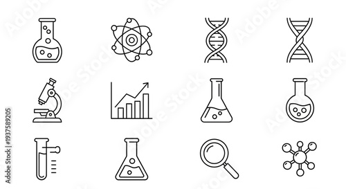 Science Icons: Beakers, DNA, Microscope, Atom, Magnifying Glass, Chart