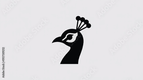 A minimalist black peacock head illustration with decorative plumage