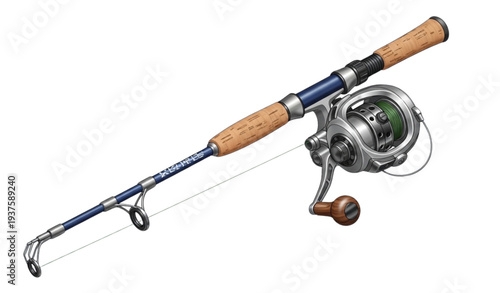 A vector graphic illustration of a fishing rod and reel on a white background