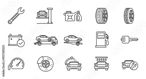Car Service Icons: Repair, Maintenance, Fueling, Keys, Battery, Tire, Speedometer