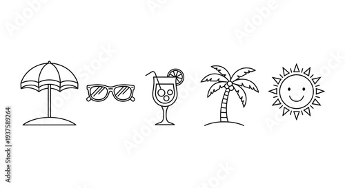 Summer Vacation Icons: Beach Umbrella, Sunglasses, Cocktail, Palm Tree, Sun
