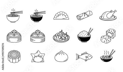 A set of black and white vector illustrations of various Asian food items
