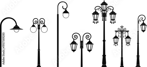 Collection of black silhouette vintage street lamp designs on white background Keywords: street lamp, lamppost, vintage