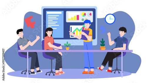 A team of professionals having a meeting or conference in front of a digital presentation board